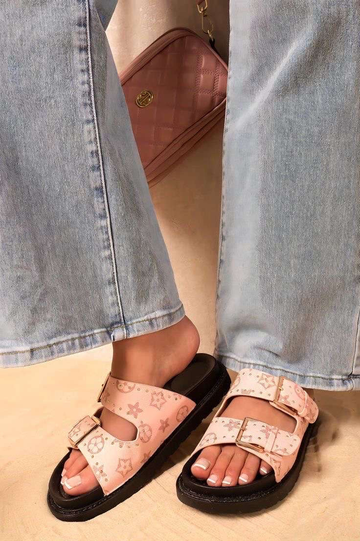 Women double strap buckle slides