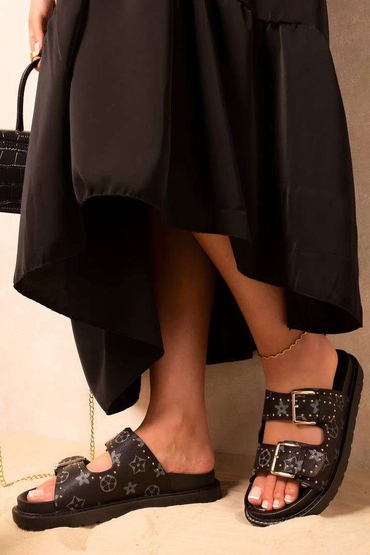 Women double strap buckle slides