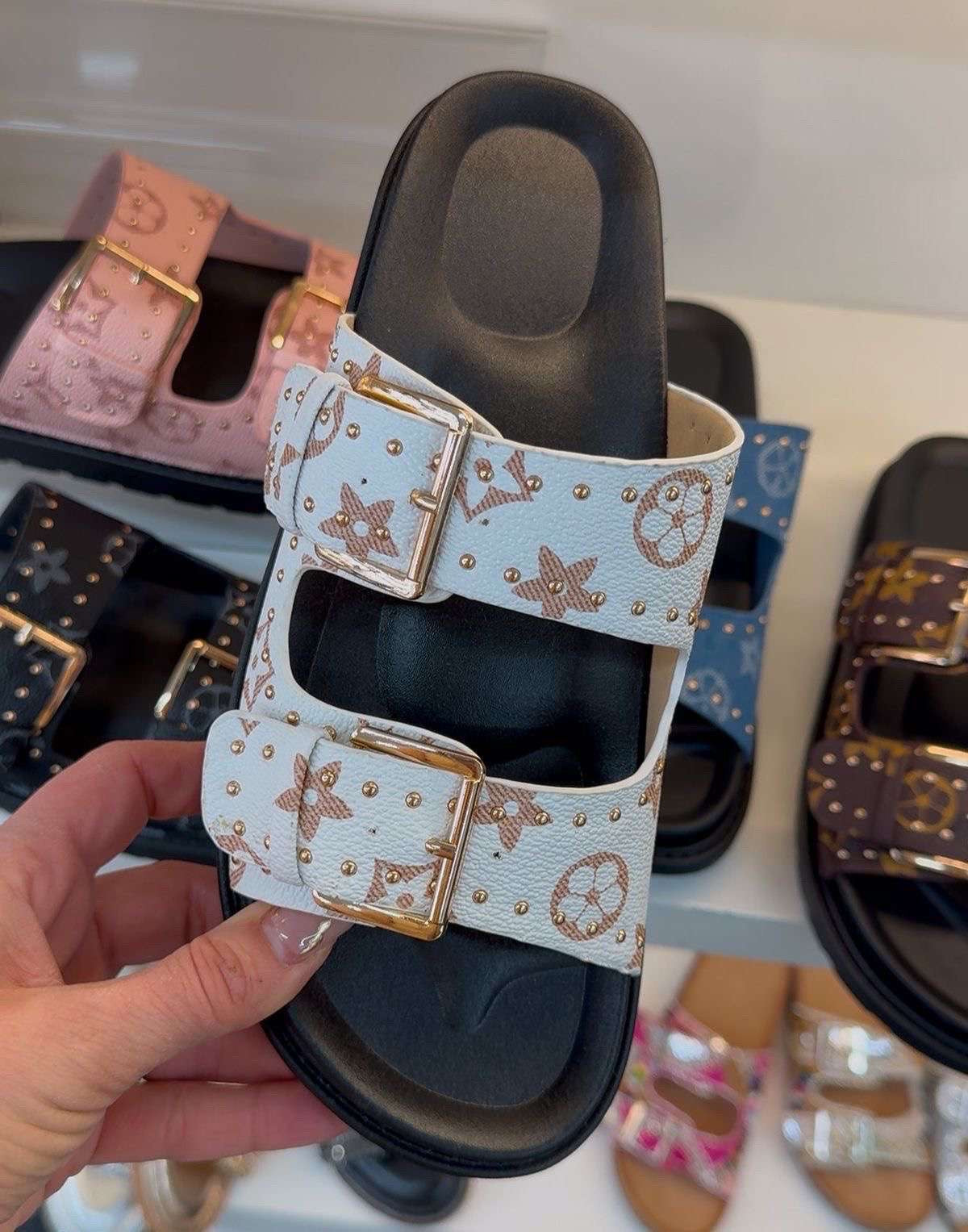 Women double strap buckle slides